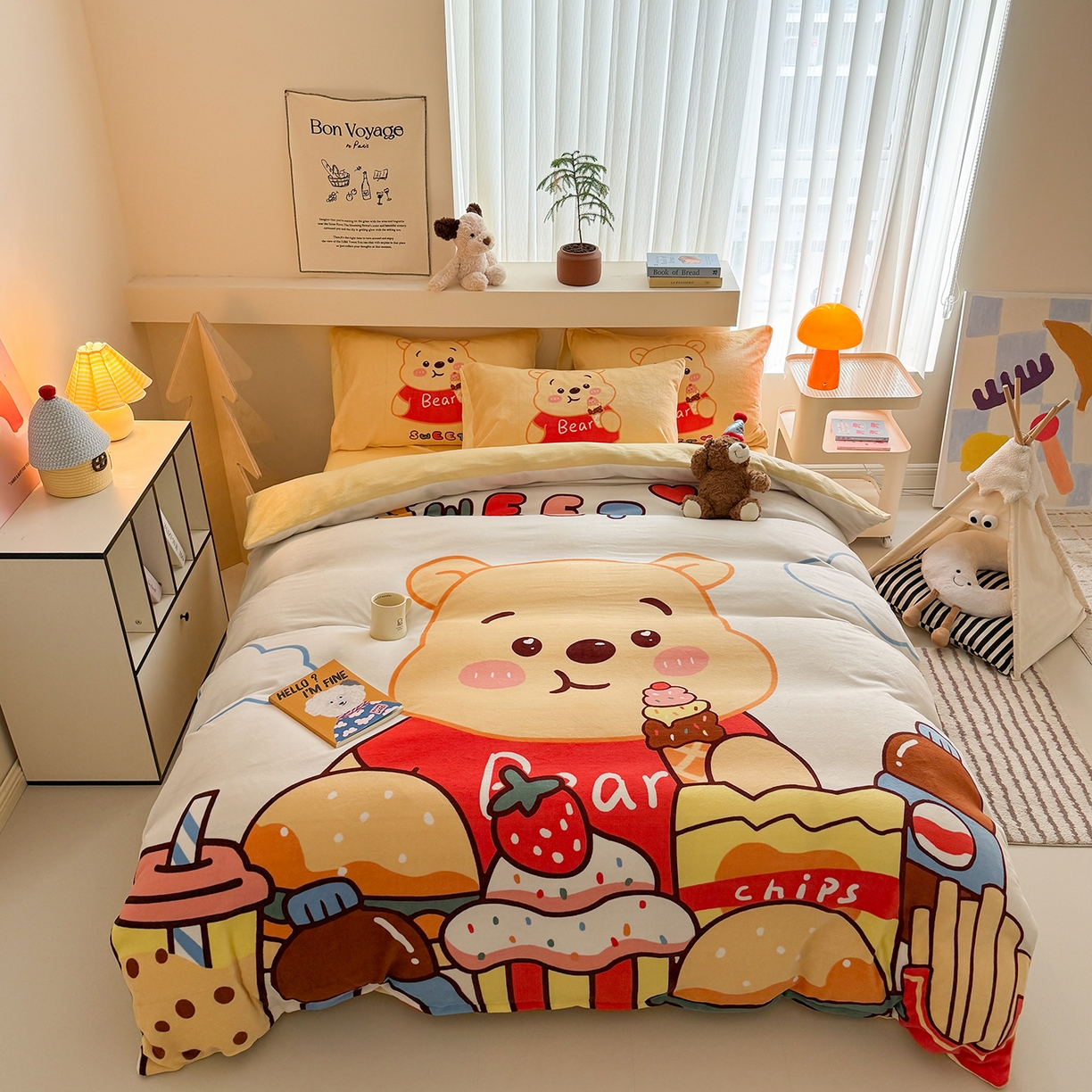 91家纺网 家纺一手货源 找家纺 悦织湾家纺 2025新款大版卡通印花牛奶绒四件套儿童床绒套件学生宿舍单双人床上用品三四件套 熊熊零食