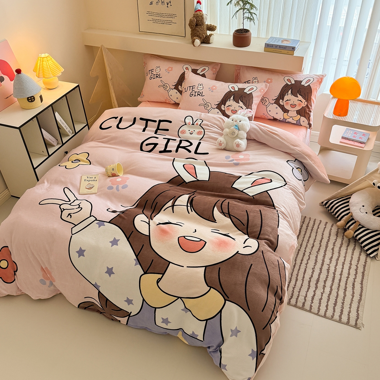 91家纺网 家纺一手货源 找家纺 悦织湾家纺 2025新款大版卡通印花牛奶绒四件套儿童床绒套件学生宿舍单双人床上用品三四件套 活泼女孩