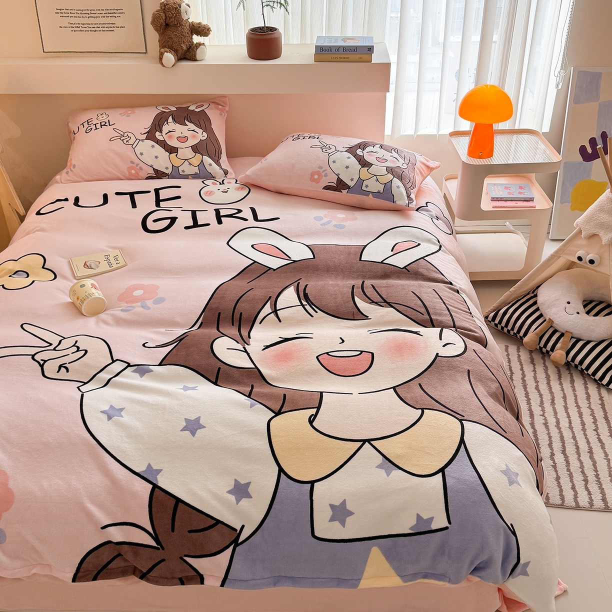 91家纺网 家纺一手货源 找家纺 悦织湾家纺 2025新款大版卡通印花牛奶绒四件套儿童床绒套件学生宿舍单双人床上用品三四件套 活泼女孩