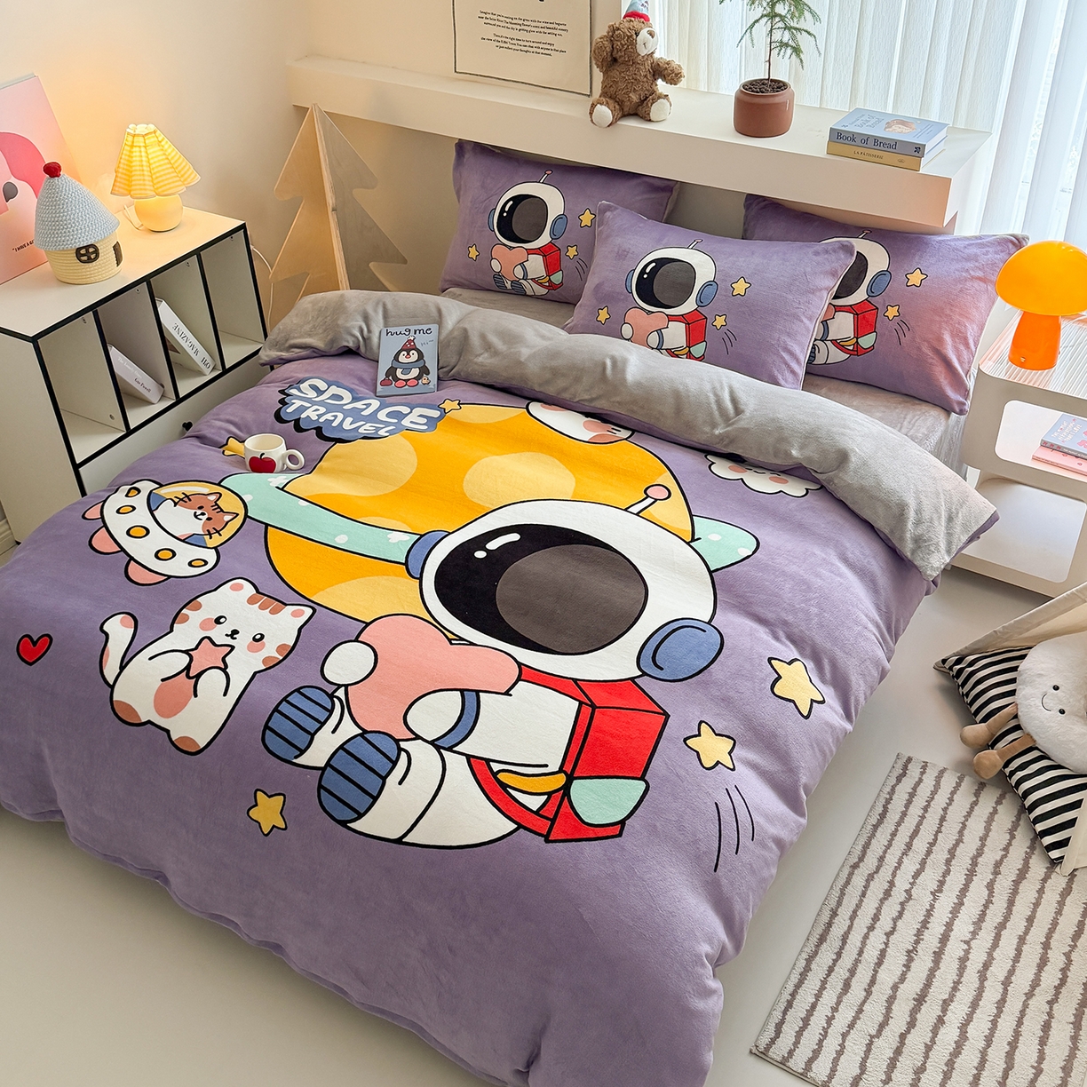 91家纺网 家纺一手货源 找家纺 悦织湾家纺 2025新款大版卡通印花牛奶绒四件套儿童床绒套件学生宿舍单双人床上用品三四件套 温馨太空