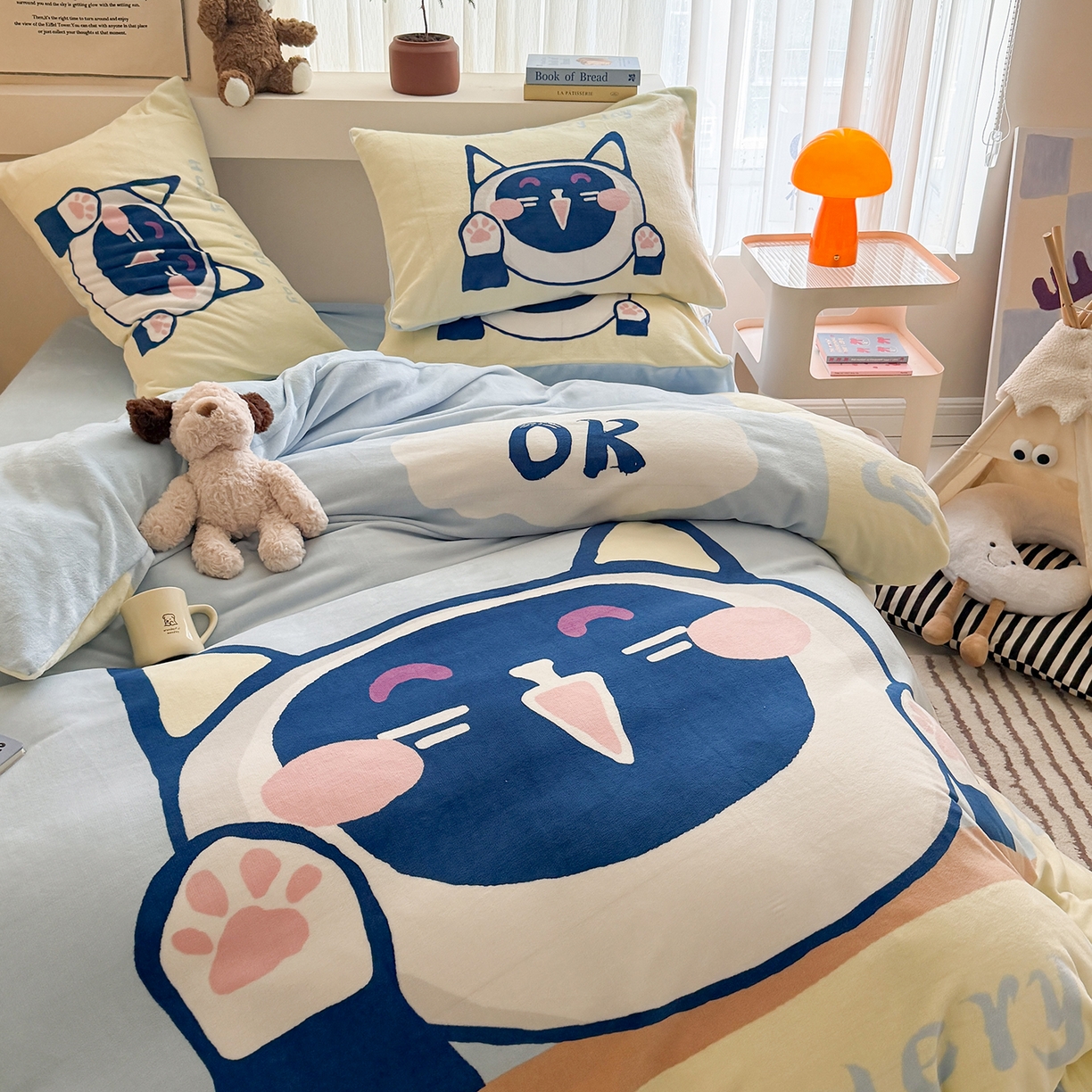 91家纺网 家纺一手货源 找家纺 悦织湾家纺 2025新款大版卡通印花牛奶绒四件套儿童床绒套件学生宿舍单双人床上用品三四件套 大脸猫猫