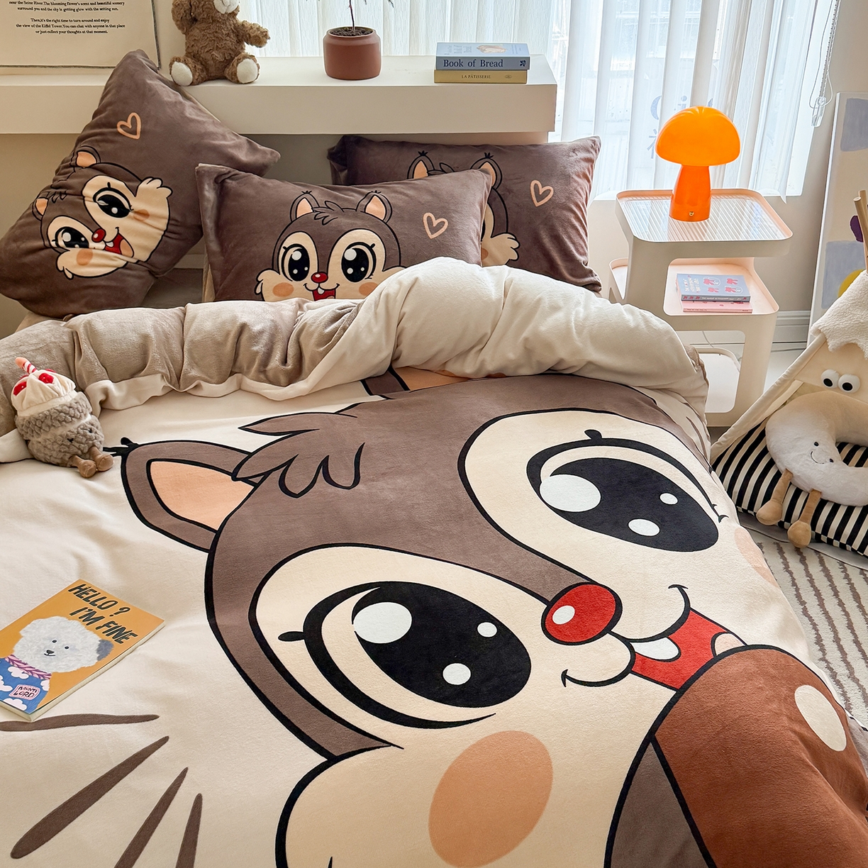 91家纺网 家纺一手货源 找家纺 悦织湾家纺 2025新款大版卡通印花牛奶绒四件套儿童床绒套件学生宿舍单双人床上用品三四件套 可爱松鼠