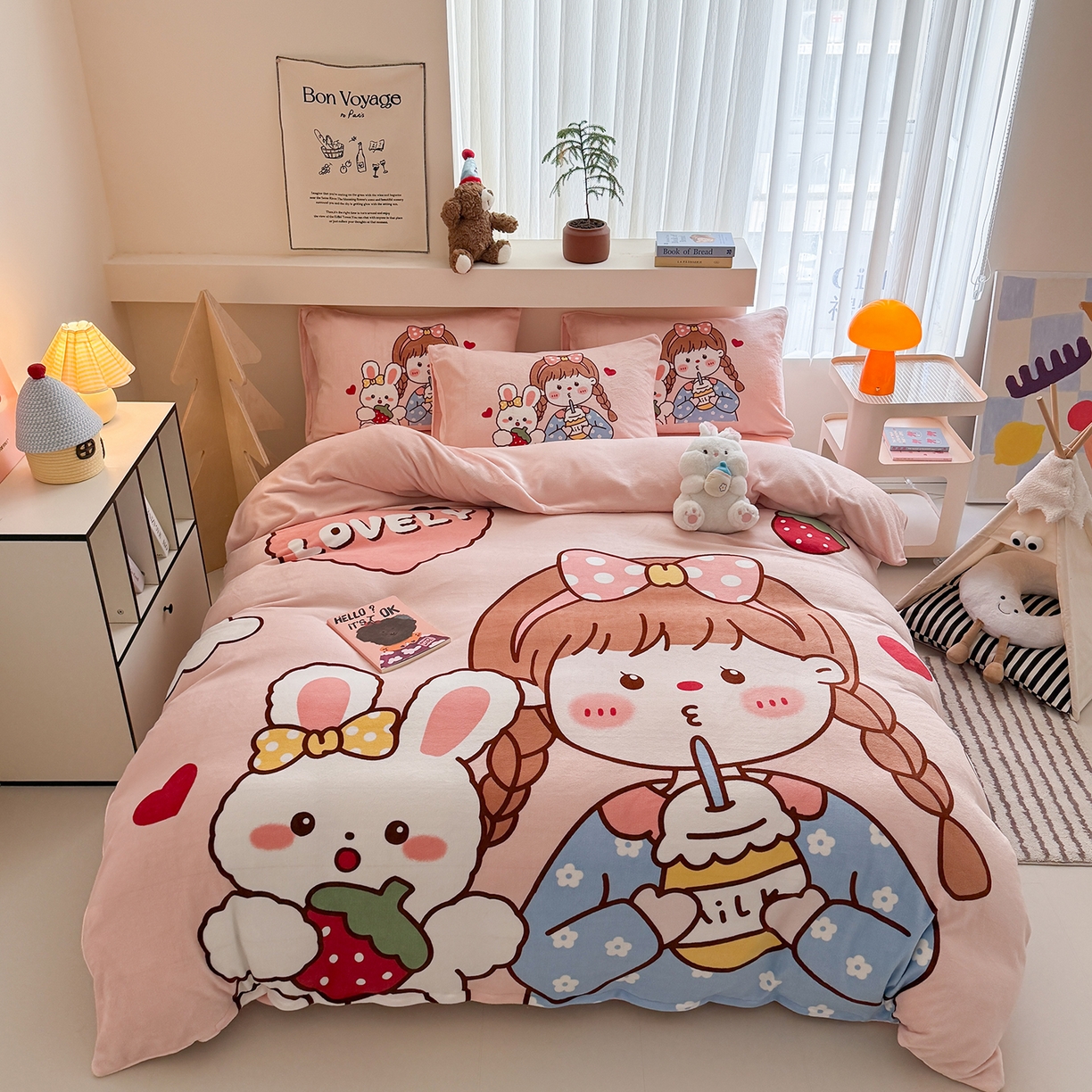 91家纺网 家纺一手货源 找家纺 悦织湾家纺 2025新款大版卡通印花牛奶绒四件套儿童床绒套件学生宿舍单双人床上用品三四件套 女孩与兔