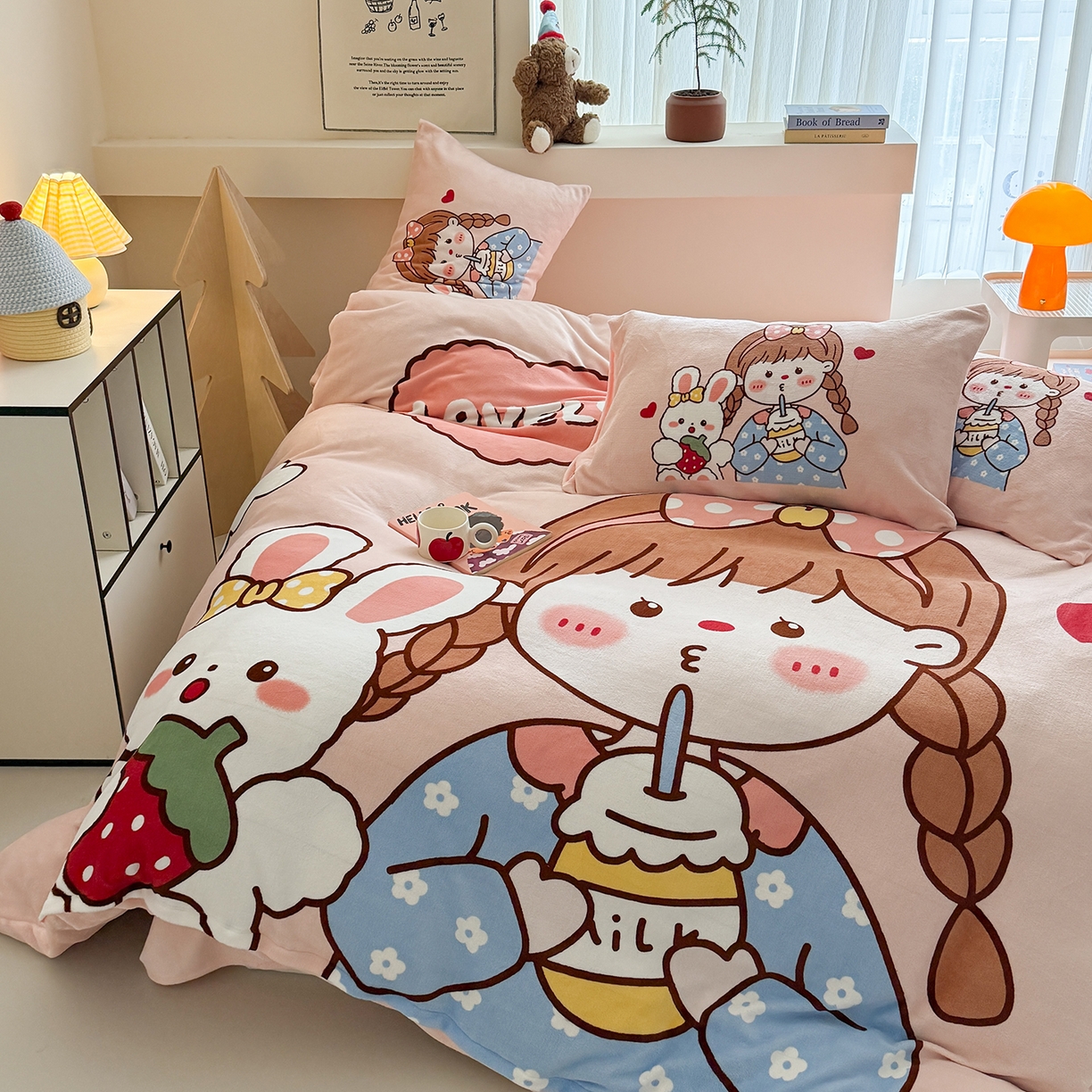 91家纺网 家纺一手货源 找家纺 悦织湾家纺 2025新款大版卡通印花牛奶绒四件套儿童床绒套件学生宿舍单双人床上用品三四件套 女孩与兔