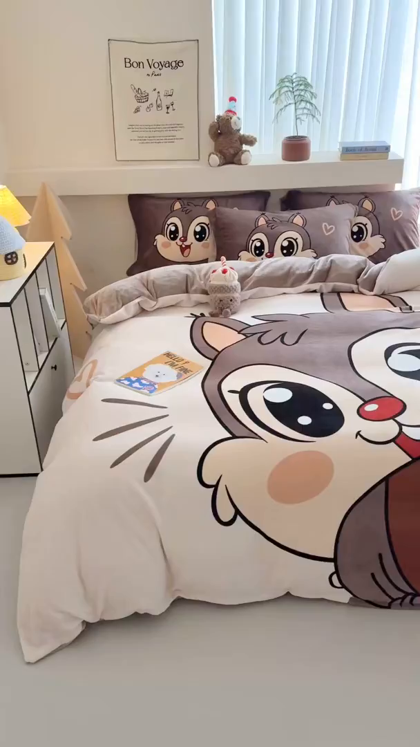 91家纺网 家纺一手货源 找家纺 悦织湾家纺 2025新款大版卡通印花牛奶绒四件套儿童床绒套件学生宿舍单双人床上用品三四件套 可爱松鼠