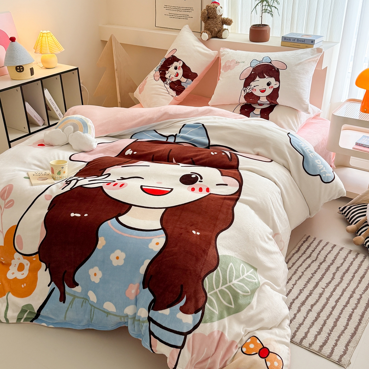 91家纺网 家纺一手货源 找家纺 悦织湾家纺 2025新款大版卡通印花牛奶绒四件套儿童床绒套件学生宿舍单双人床上用品三四件套 可爱女孩