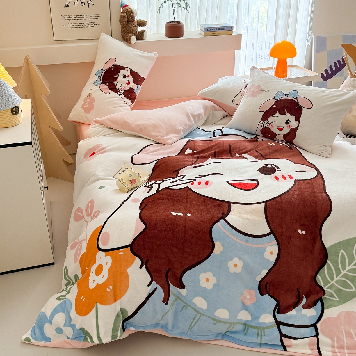 91家纺网 家纺一手货源 找家纺 悦织湾家纺 2025新款大版卡通印花牛奶绒四件套儿童床绒套件学生宿舍单双人床上用品三四件套 可爱女孩