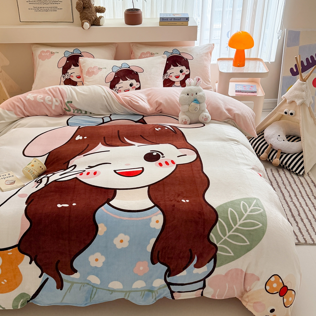 91家纺网 家纺一手货源 找家纺 悦织湾家纺 2025新款大版卡通印花牛奶绒四件套儿童床绒套件学生宿舍单双人床上用品三四件套 可爱女孩