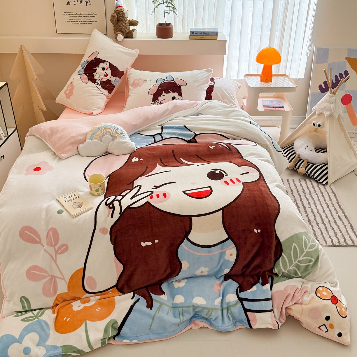 91家纺网 家纺一手货源 找家纺 悦织湾家纺 2025新款大版卡通印花牛奶绒四件套儿童床绒套件学生宿舍单双人床上用品三四件套 可爱女孩