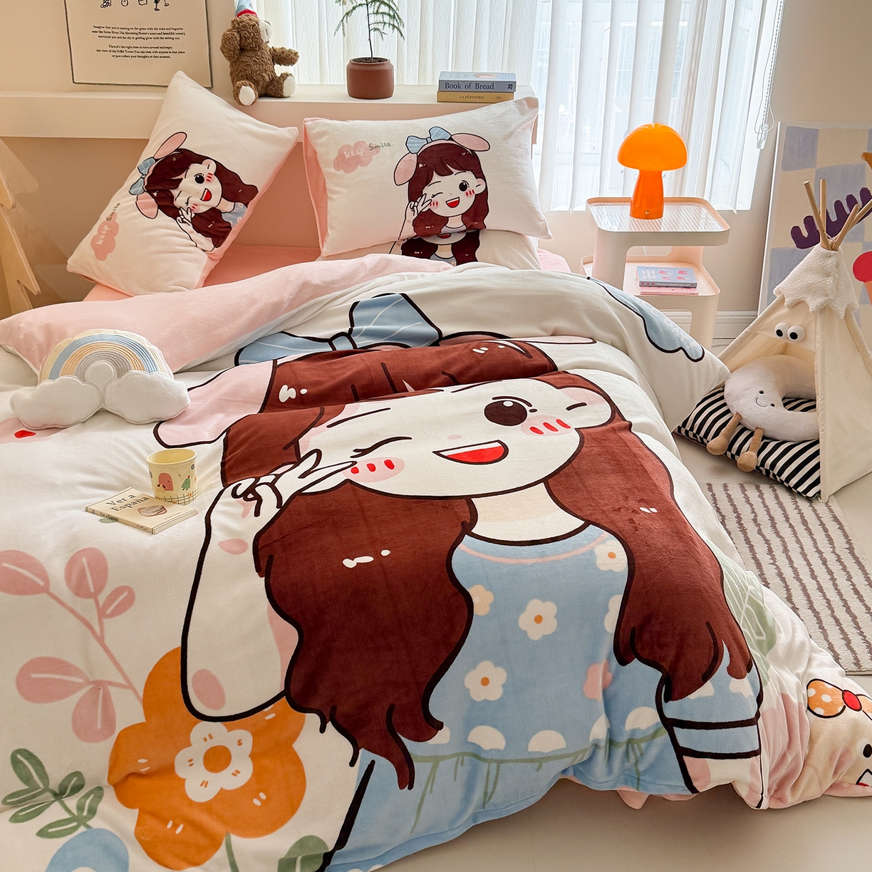 91家纺网 家纺一手货源 找家纺 悦织湾家纺 2025新款大版卡通印花牛奶绒四件套儿童床绒套件学生宿舍单双人床上用品三四件套 可爱女孩
