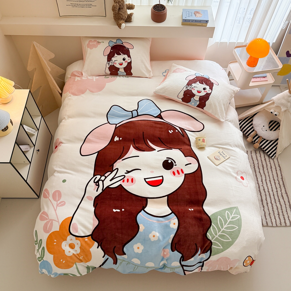 91家纺网 家纺一手货源 找家纺 悦织湾家纺 2025新款大版卡通印花牛奶绒四件套儿童床绒套件学生宿舍单双人床上用品三四件套 可爱女孩