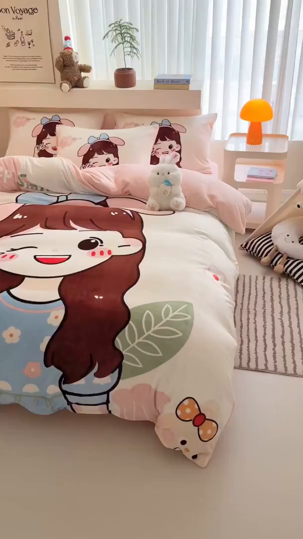 91家纺网 家纺一手货源 找家纺 悦织湾家纺 2025新款大版卡通印花牛奶绒四件套儿童床绒套件学生宿舍单双人床上用品三四件套 可爱女孩