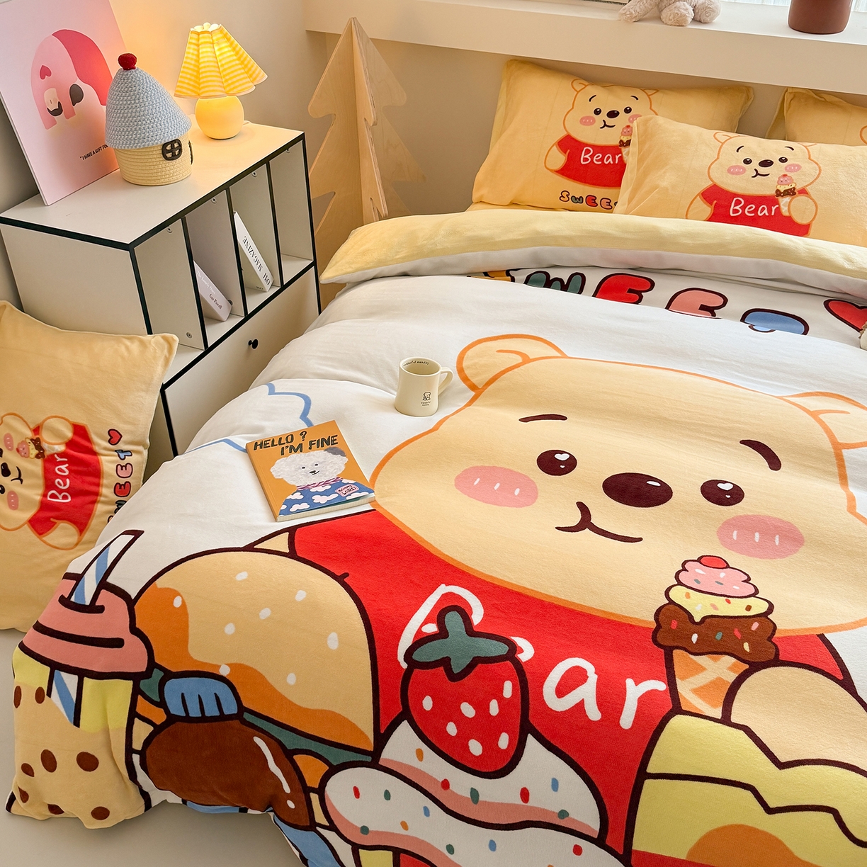 91家纺网 家纺一手货源 找家纺 悦织湾家纺 2025新款大版卡通印花牛奶绒四件套儿童床绒套件学生宿舍单双人床上用品三四件套 熊熊零食
