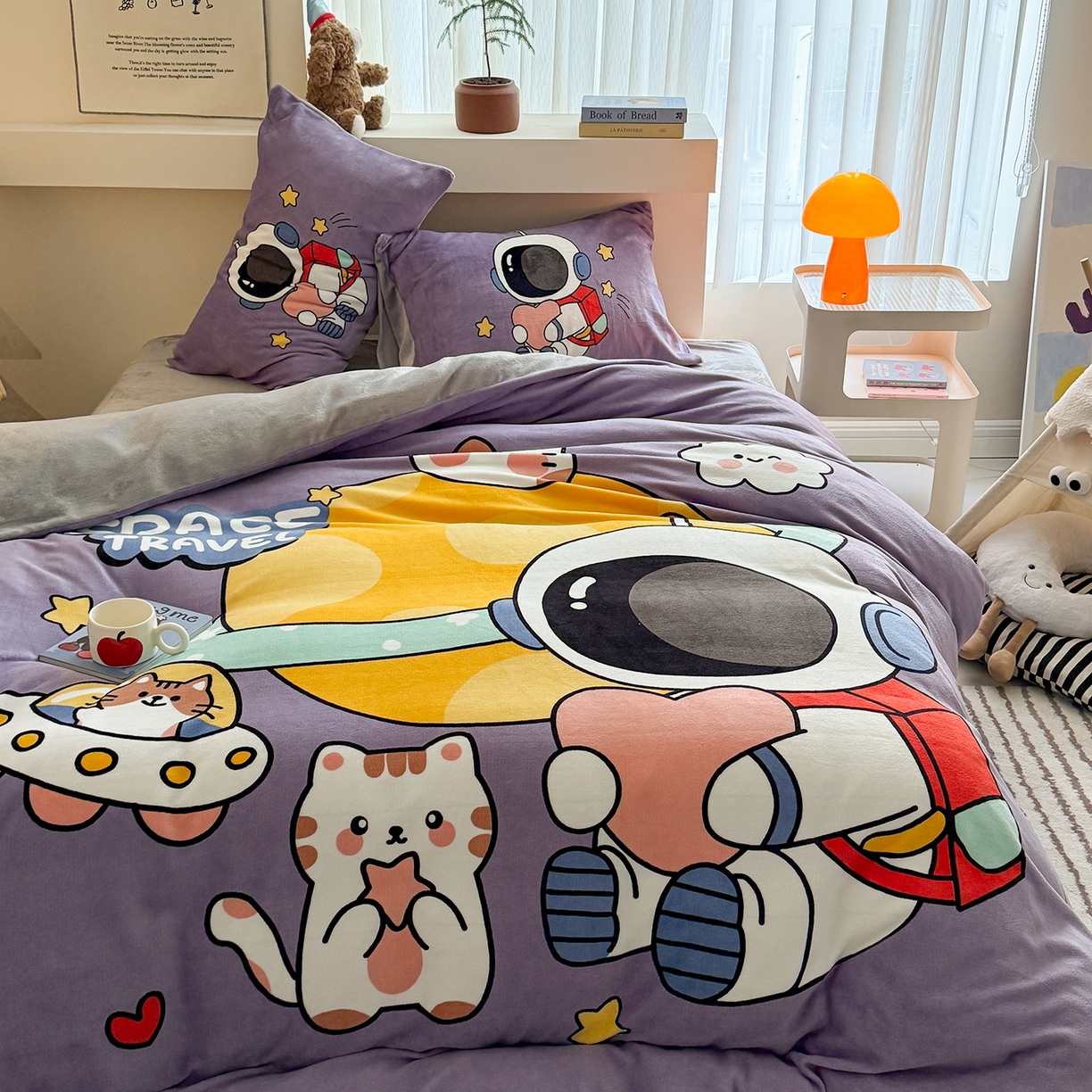 91家纺网 家纺一手货源 找家纺 悦织湾家纺 2025新款大版卡通印花牛奶绒四件套儿童床绒套件学生宿舍单双人床上用品三四件套 温馨太空