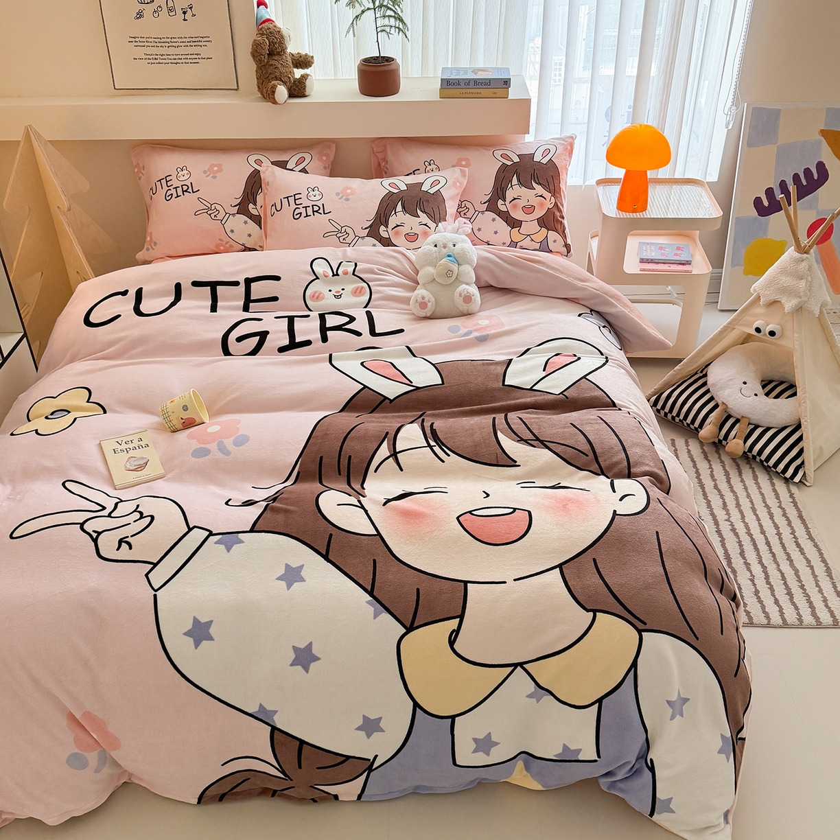 91家纺网 家纺一手货源 找家纺 悦织湾家纺 2025新款大版卡通印花牛奶绒四件套儿童床绒套件学生宿舍单双人床上用品三四件套 活泼女孩