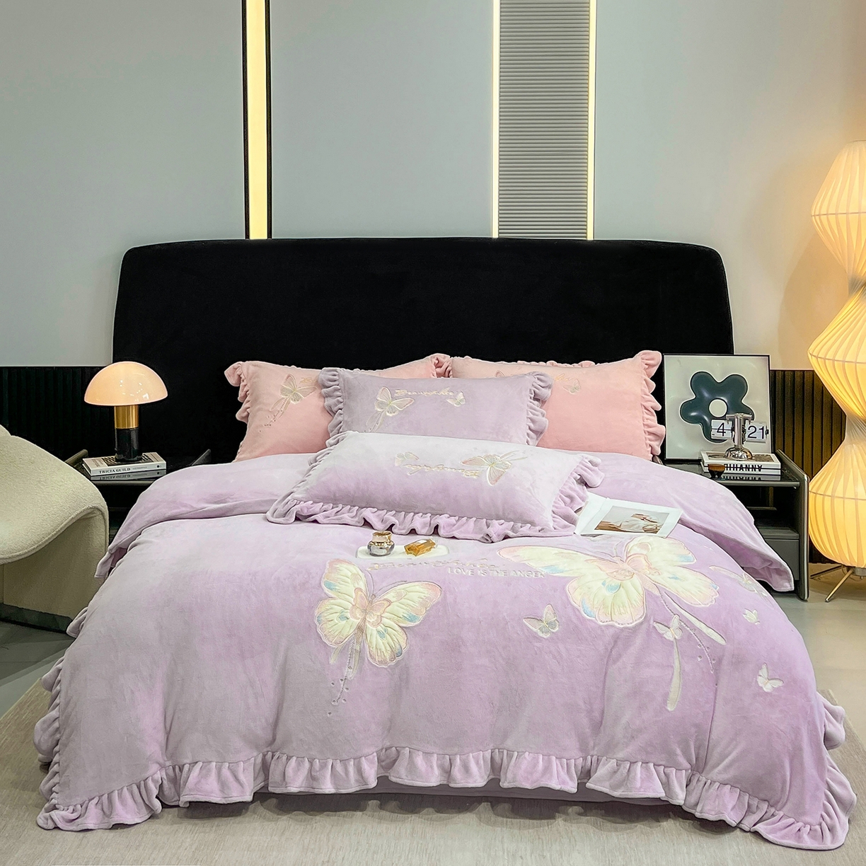 悦织湾家纺 2025新款230克9.5斤重牛奶绒宝宝绒贴布绣四件套蝴蝶款高密保暖轻奢时尚床上用品四件套 蝴蝶-丁香紫