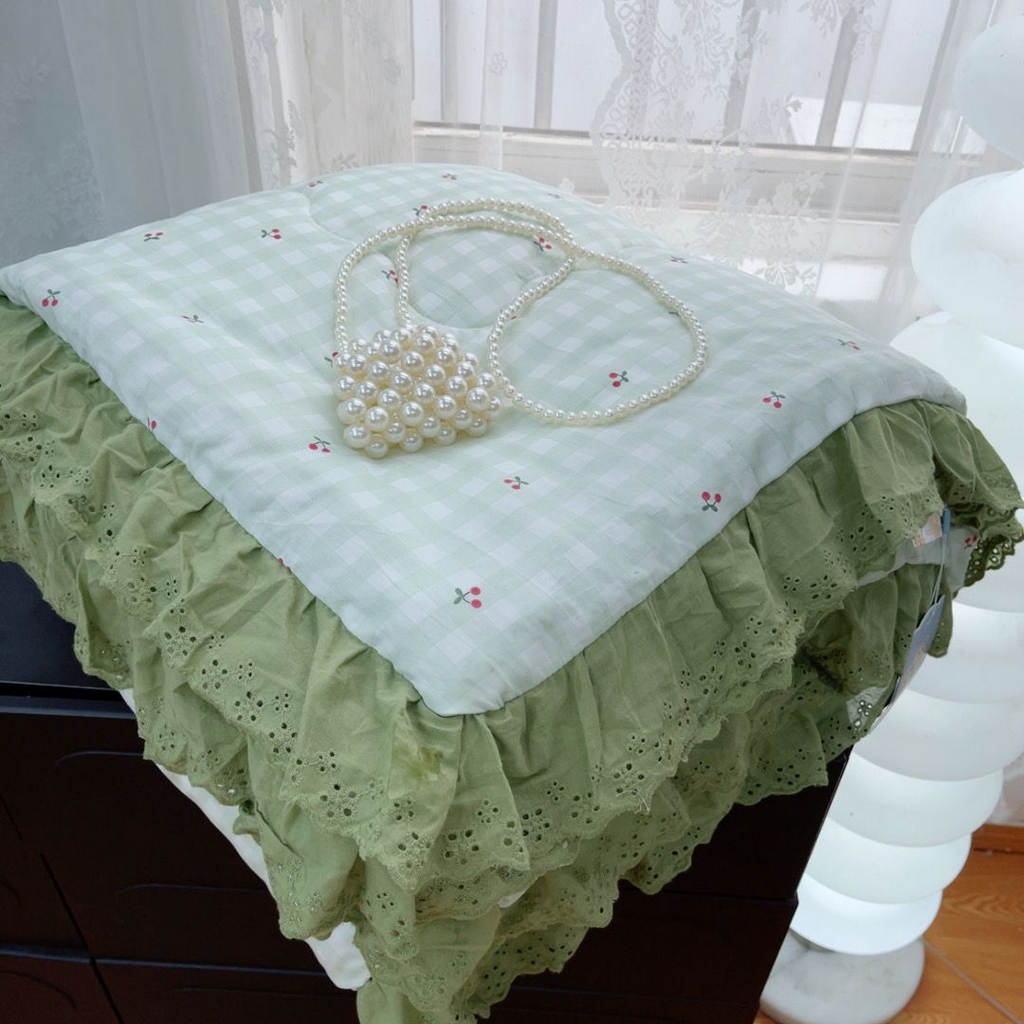 暖居 2025新款纯棉花边款春秋豆豆被四季通用 樱桃格子绿