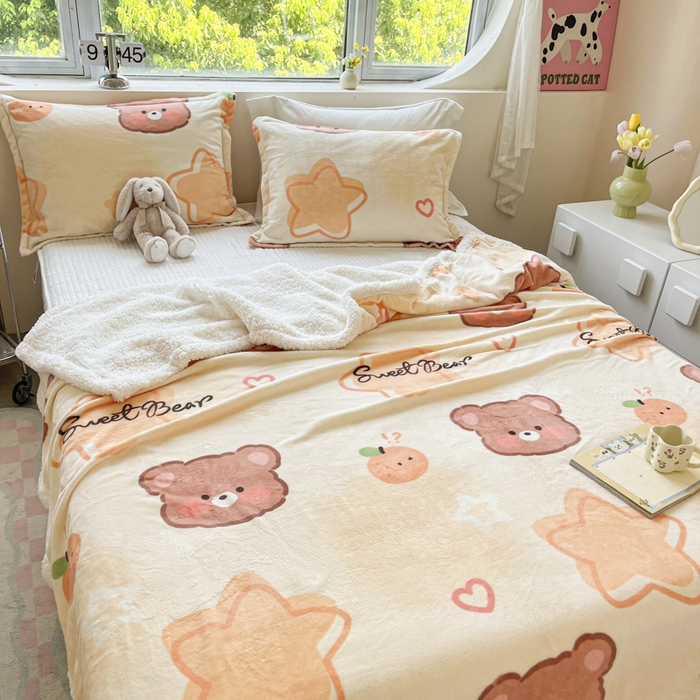 91家纺网 家纺一手货源 找家纺 沐慕 2025新款牛奶绒拼羊羔绒毛毯盖毯毯子 毛毯-星星熊