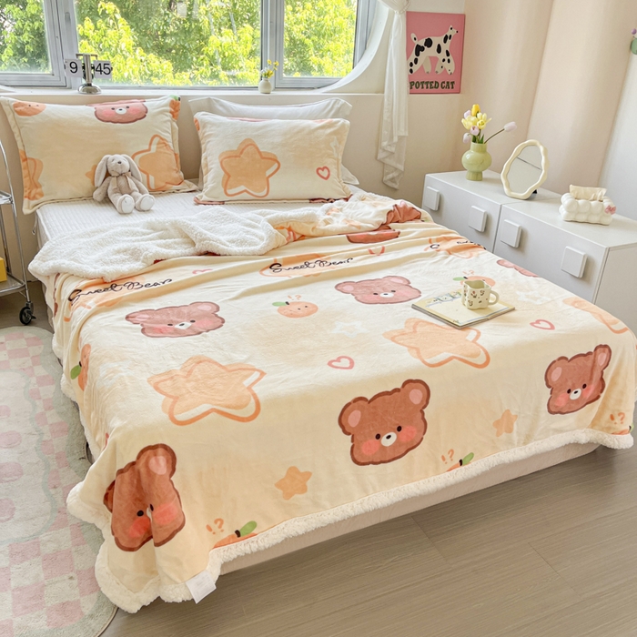 91家纺网 家纺一手货源 找家纺 沐慕 2025新款牛奶绒拼羊羔绒毛毯盖毯毯子 毛毯-星星熊