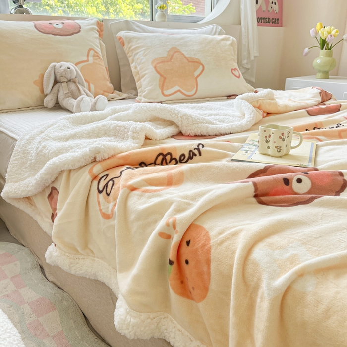 91家纺网 家纺一手货源 找家纺 沐慕 2025新款牛奶绒拼羊羔绒毛毯盖毯毯子 毛毯-星星熊