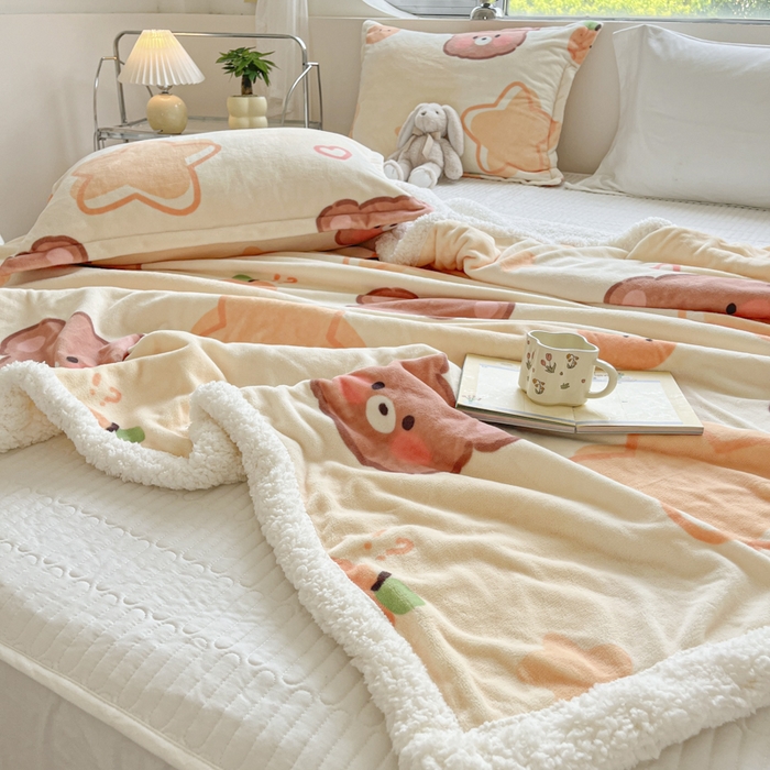 91家纺网 家纺一手货源 找家纺 沐慕 2025新款牛奶绒拼羊羔绒毛毯盖毯毯子 毛毯-星星熊