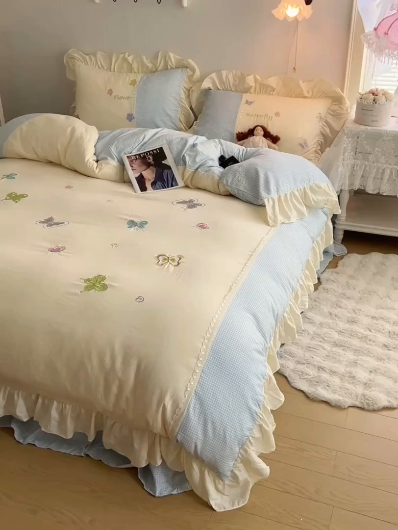 91家纺网 家纺一手货源 找家纺 （总）轻奢坊 2025新款水洗棉拼接蕾丝花边四件套