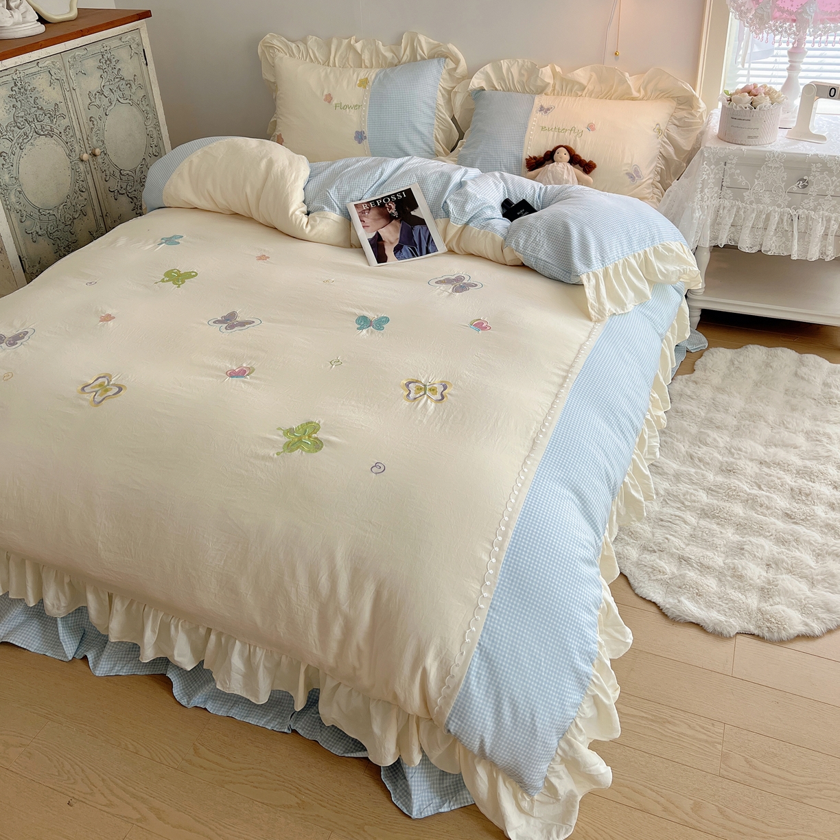 91家纺网 家纺一手货源 找家纺 （总）轻奢坊 2025新款水洗棉拼接蕾丝花边四件套