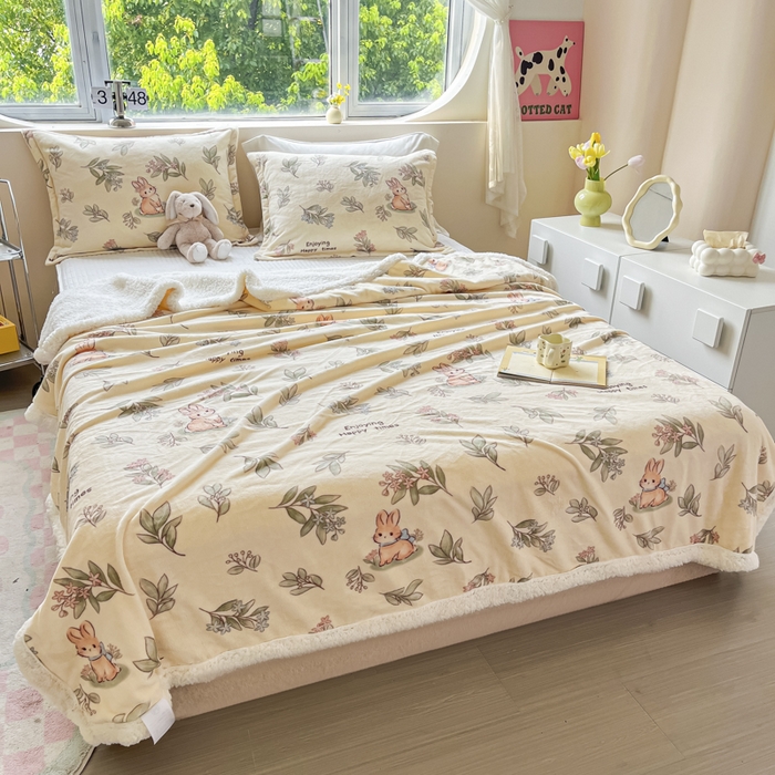 91家纺网 家纺一手货源 找家纺 沐慕 2025新款牛奶绒拼羊羔绒毛毯盖毯毯子 毛毯-叶子小兔