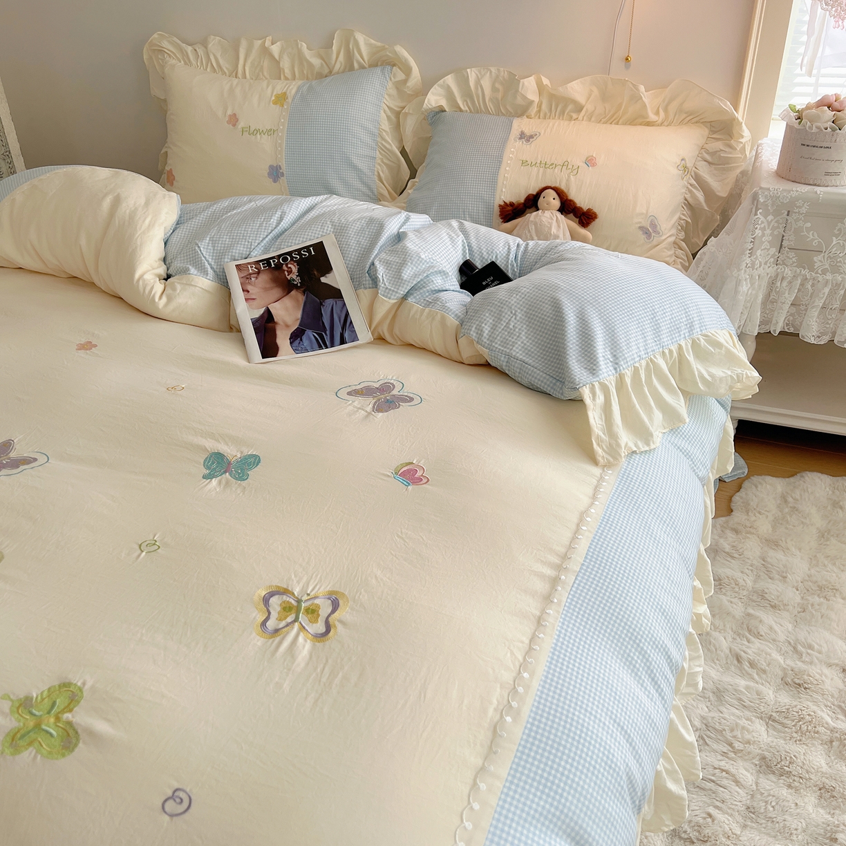 91家纺网 家纺一手货源 找家纺 （总）轻奢坊 2025新款水洗棉拼接蕾丝花边四件套