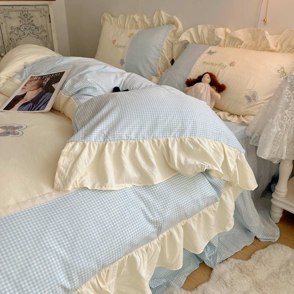 91家纺网 家纺一手货源 找家纺 （总）轻奢坊 2025新款水洗棉拼接蕾丝花边四件套