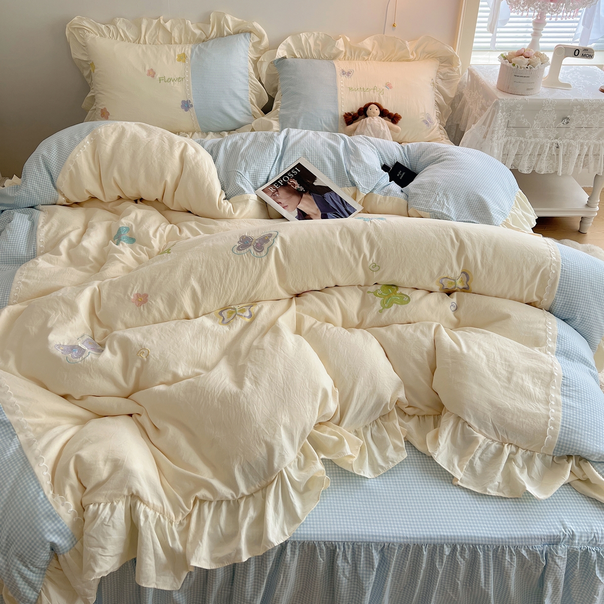 91家纺网 家纺一手货源 找家纺 （总）轻奢坊 2025新款水洗棉拼接蕾丝花边四件套