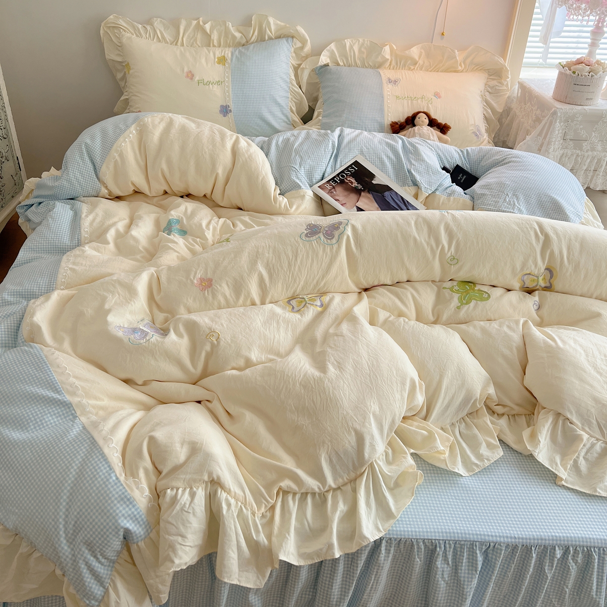 91家纺网 家纺一手货源 找家纺 （总）轻奢坊 2025新款水洗棉拼接蕾丝花边四件套