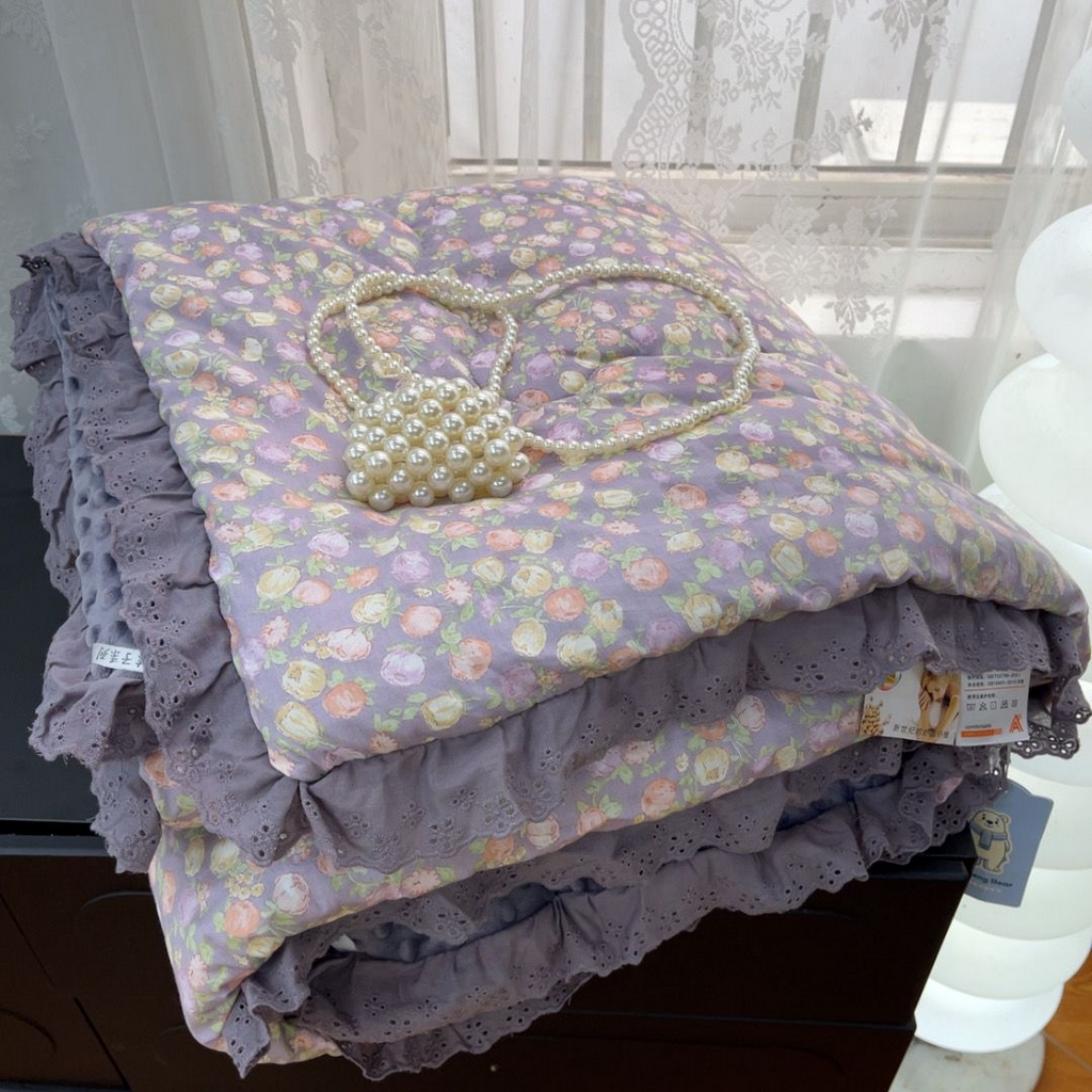 暖居 2025新款纯棉花边款春秋豆豆被四季通用 紫薇