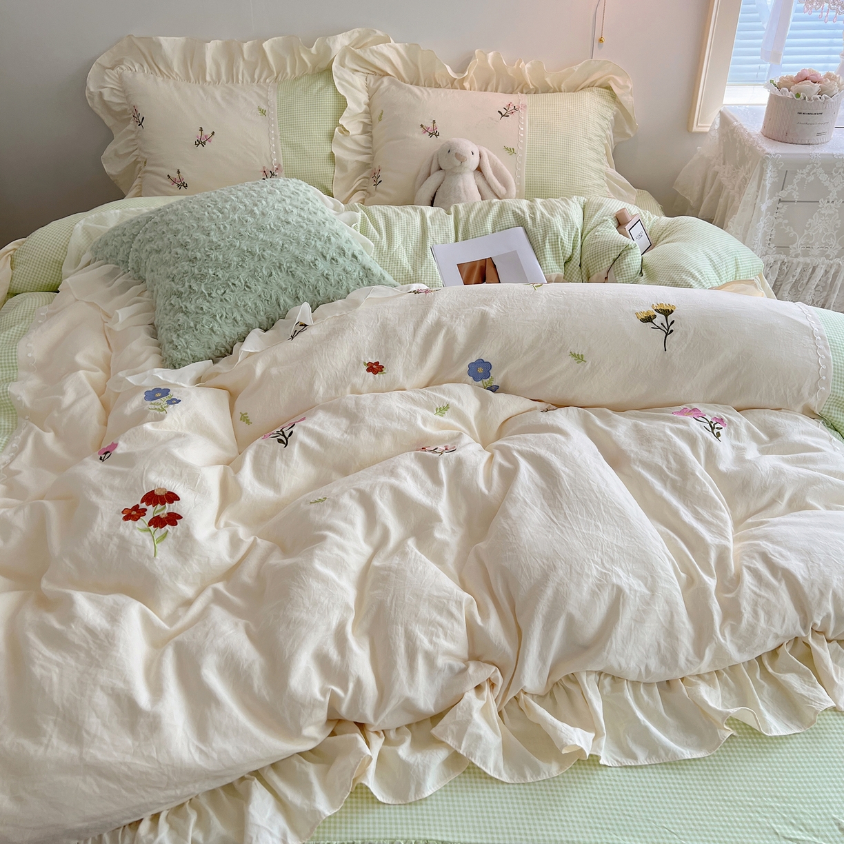 轻奢坊 2025新款水洗棉拼接蕾丝花边四件套 田园碎花-绿格