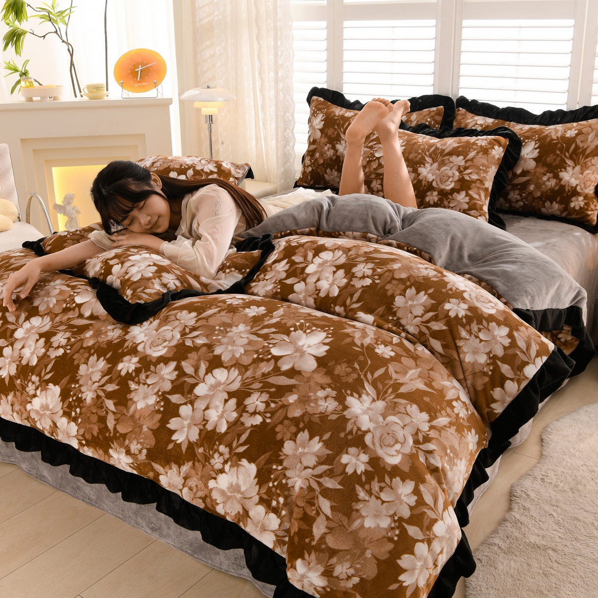 紫月轩家纺 2025新款韩版牛奶绒花边款四件套 芳华