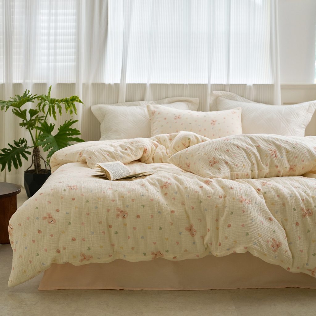 91家纺网 家纺一手货源 找家纺 洋铭区（原狠狠爱） 2025新款皱皱纱A类全棉纯棉人字纹四件套系列 萌兔果果