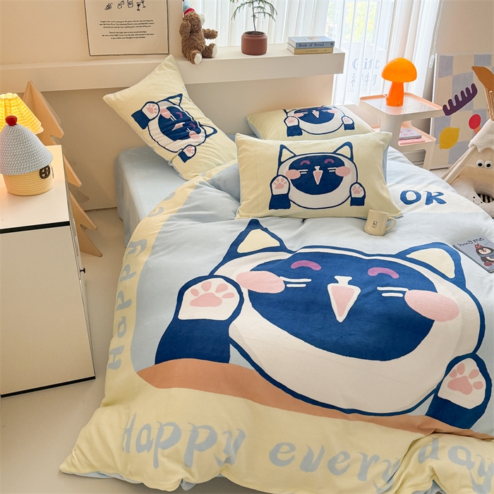 91家纺网 家纺一手货源 找家纺 潮邦创意家居 2025新款大版卡通牛奶绒四件套 大脸猫猫