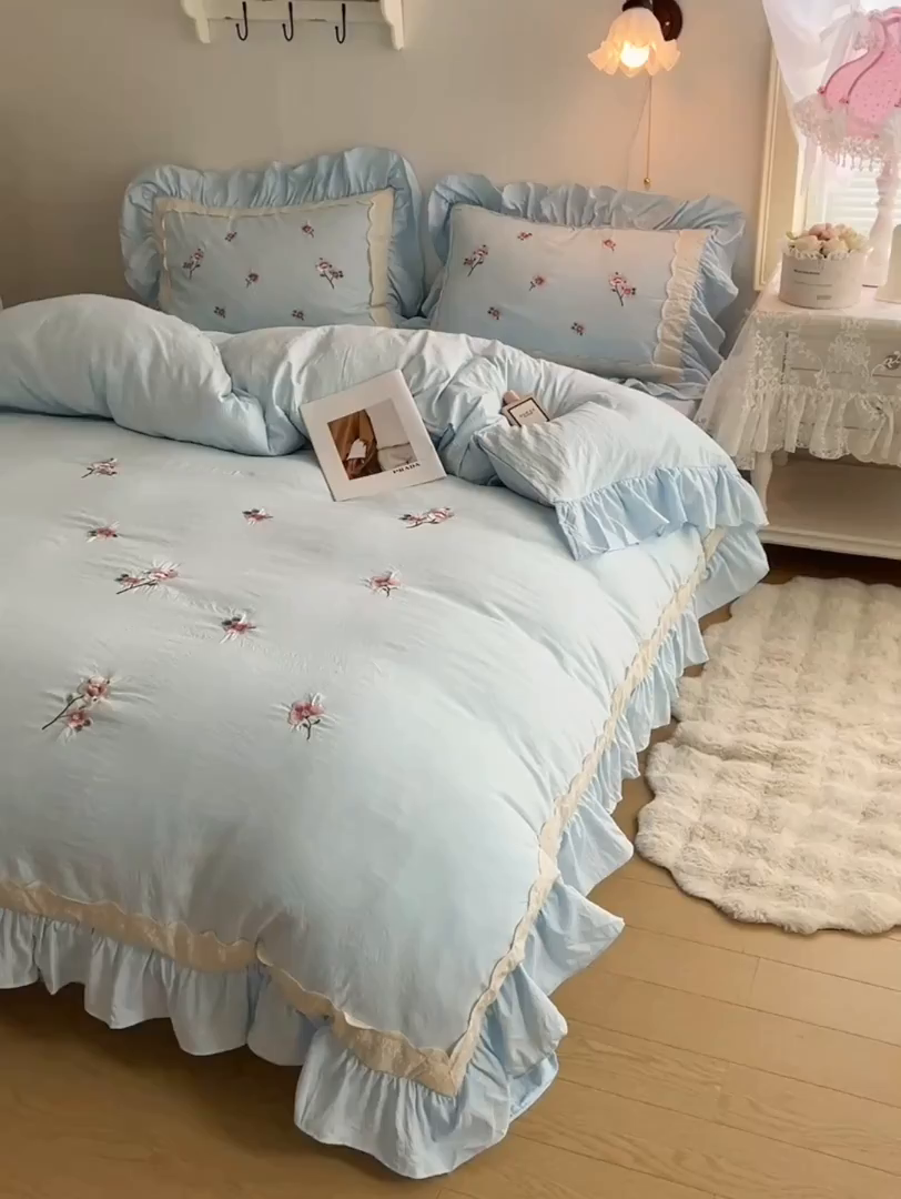 91家纺网 家纺一手货源 找家纺 （总）轻奢坊 2025新款水洗棉法式刺绣大花边四件套-芬芳玫瑰