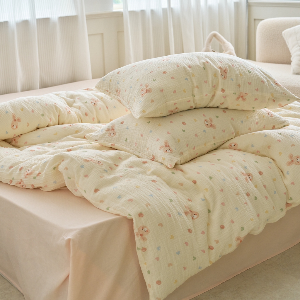 91家纺网 家纺一手货源 找家纺 洋铭区（原狠狠爱） 2025新款皱皱纱A类全棉纯棉人字纹四件套系列 萌兔果果