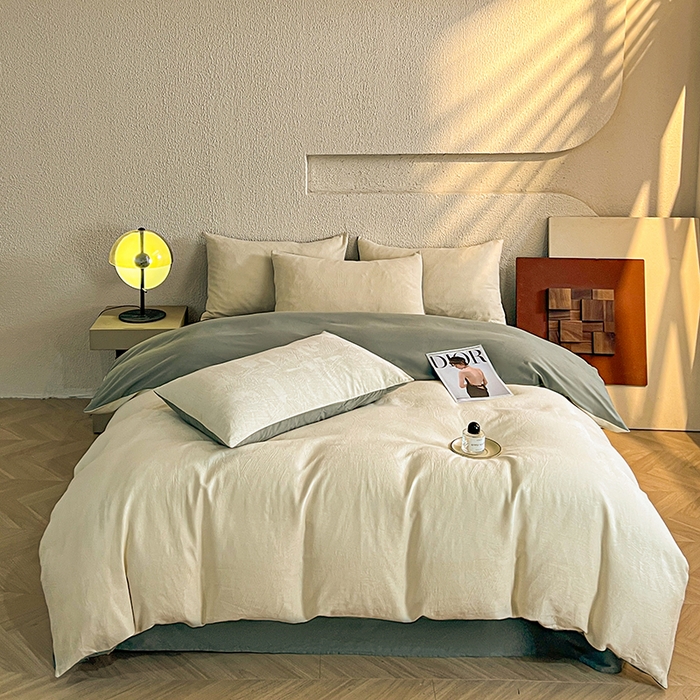 91家纺网 家纺一手货源 找家纺 莱茵家居 2025新款全棉提花贡缎磨毛四件套 银河-白绿