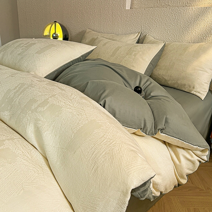 91家纺网 家纺一手货源 找家纺 莱茵家居 2025新款全棉提花贡缎磨毛四件套 银河-白绿