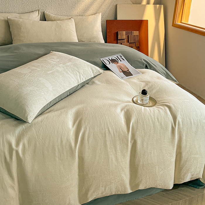 91家纺网 家纺一手货源 找家纺 莱茵家居 2025新款全棉提花贡缎磨毛四件套 银河-白绿