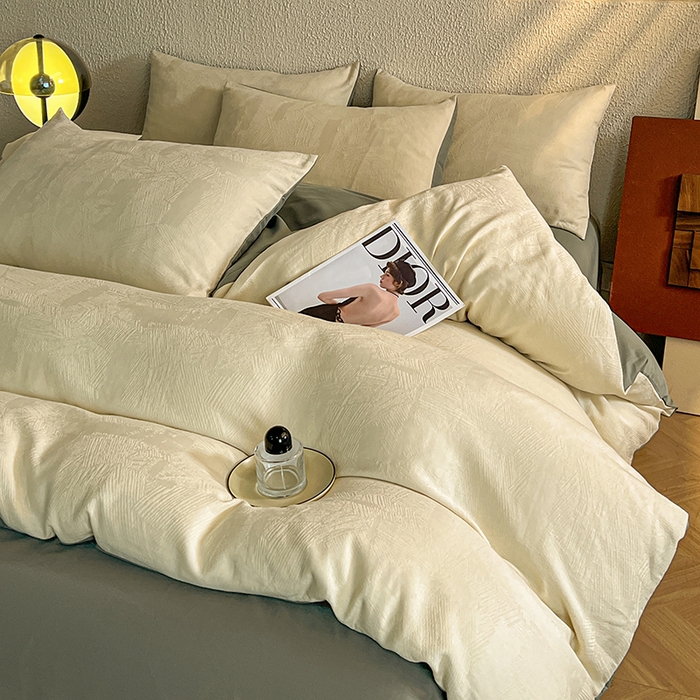 91家纺网 家纺一手货源 找家纺 莱茵家居 2025新款全棉提花贡缎磨毛四件套 银河-白绿