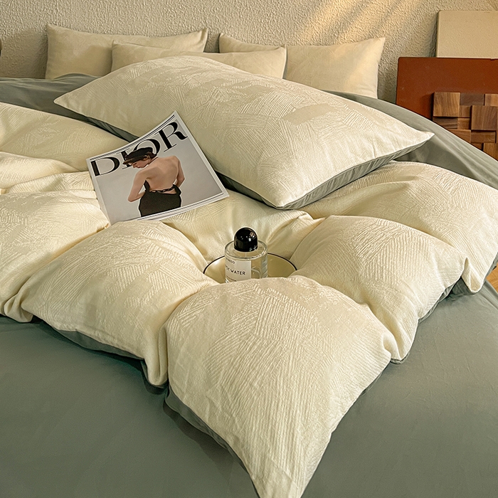 91家纺网 家纺一手货源 找家纺 莱茵家居 2025新款全棉提花贡缎磨毛四件套 银河-白绿