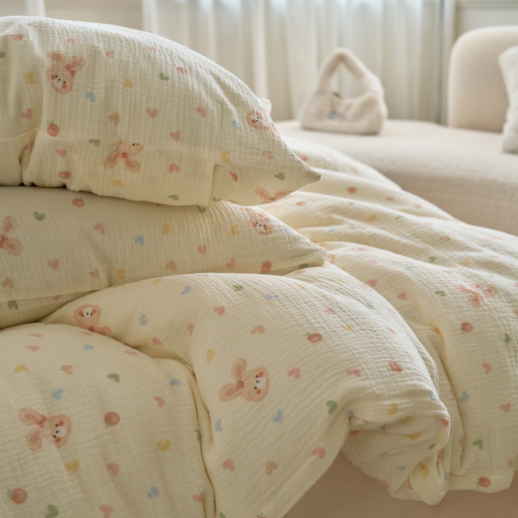 91家纺网 家纺一手货源 找家纺 洋铭区（原狠狠爱） 2025新款皱皱纱A类全棉纯棉人字纹四件套系列 萌兔果果