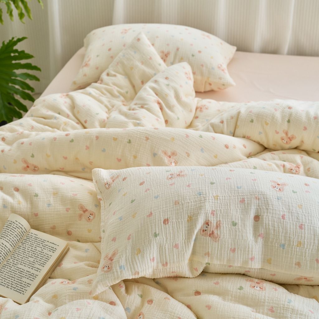 91家纺网 家纺一手货源 找家纺 洋铭区（原狠狠爱） 2025新款皱皱纱A类全棉纯棉人字纹四件套系列 萌兔果果