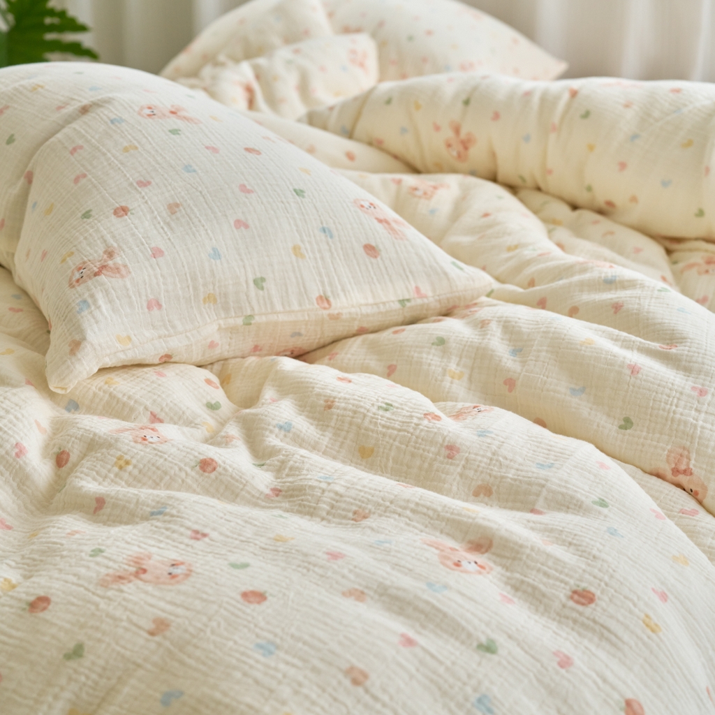 91家纺网 家纺一手货源 找家纺 洋铭区（原狠狠爱） 2025新款皱皱纱A类全棉纯棉人字纹四件套系列 萌兔果果