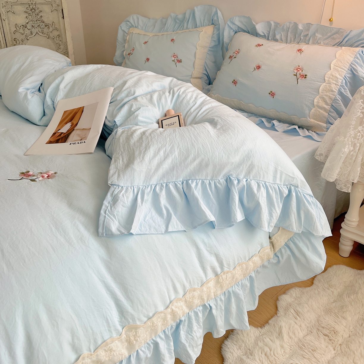 91家纺网 家纺一手货源 找家纺 （总）轻奢坊 2025新款水洗棉法式刺绣大花边四件套-芬芳玫瑰