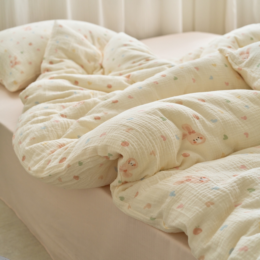 91家纺网 家纺一手货源 找家纺 洋铭区（原狠狠爱） 2025新款皱皱纱A类全棉纯棉人字纹四件套系列 萌兔果果