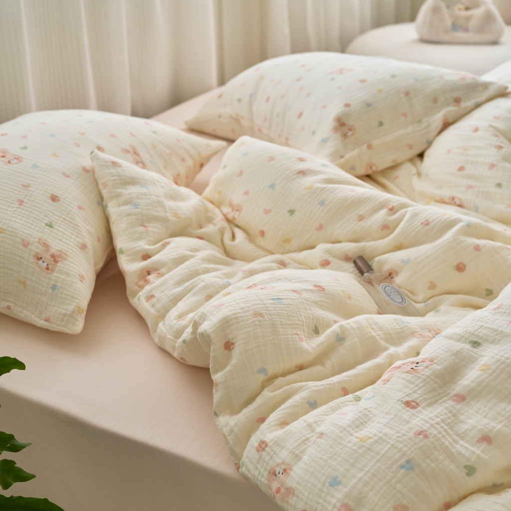 91家纺网 家纺一手货源 找家纺 洋铭区（原狠狠爱） 2025新款皱皱纱A类全棉纯棉人字纹四件套系列 萌兔果果